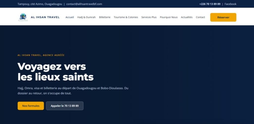 Site web d'Al Ihsan Travel, agence Hajj et Omra