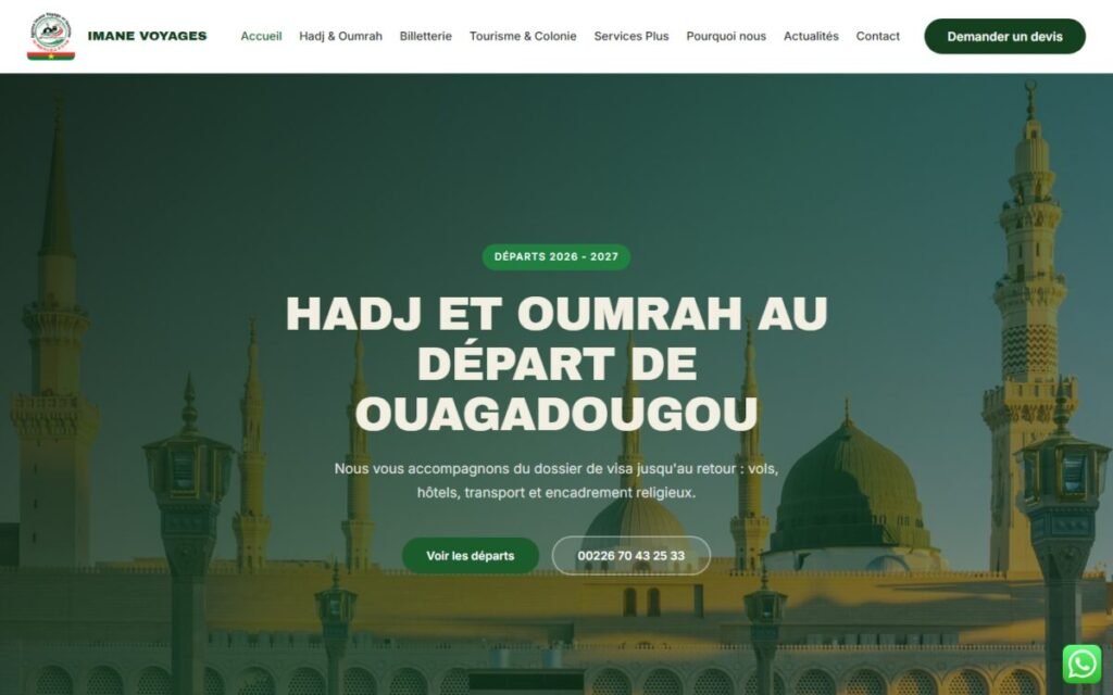 Site web d'Imane Voyages, agence de voyage à Ouagadougou