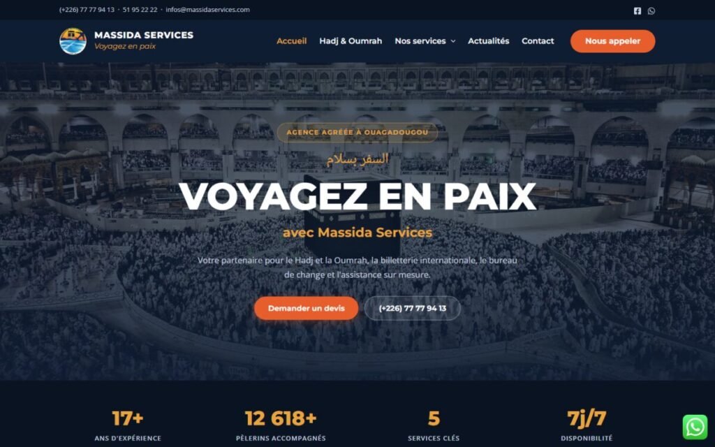 Site web de Massida Services, agence Hajj et Omra à Ouagadougou